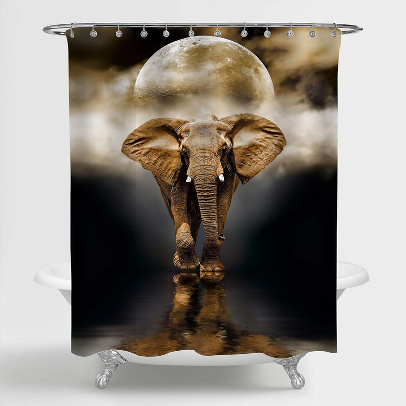 Enormous Elephant Walking at the Night on Full Moon Shower Curtain - Brown