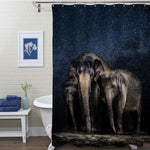 Group of Elephant Family at the Watering and Galaxy Backdrop Shower Curtain - Dark Blue Grey