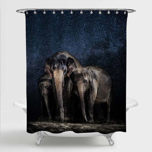 Group of Elephant Family at the Watering and Galaxy Backdrop Shower Curtain - Dark Blue Grey