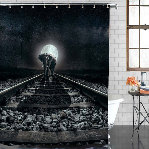 Elephant Walking Along a Railway at Full Moon Backdrop Shower Curtain - Dark Grey