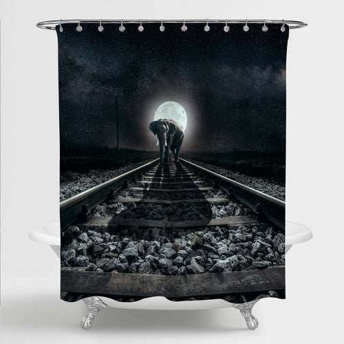 Elephant Walking Along a Railway at Full Moon Backdrop Shower Curtain - Dark Grey