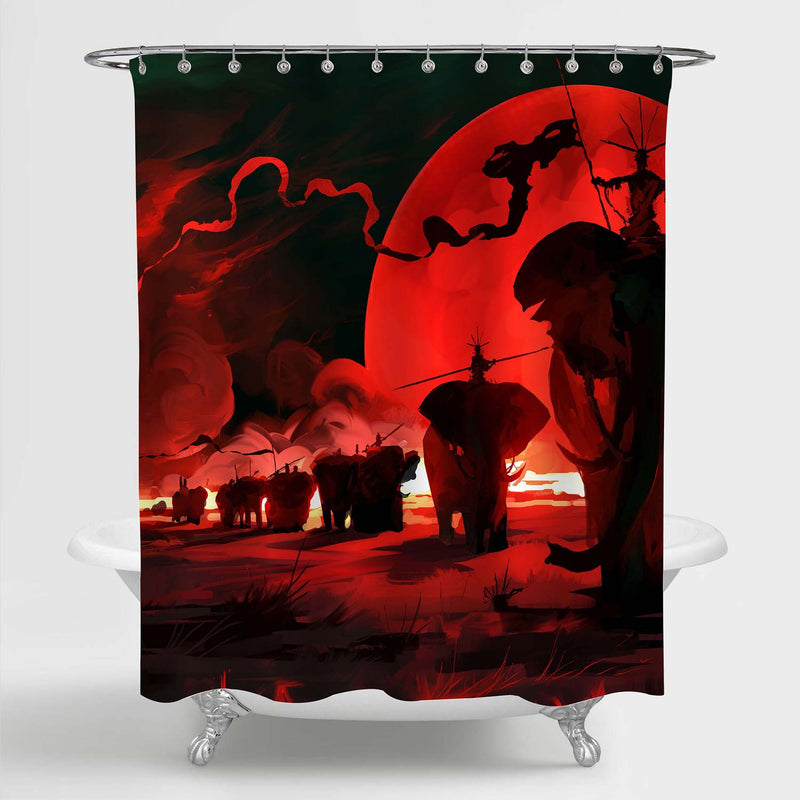 War Animals Elephants with Red Moon Shower Curtain - Red Black