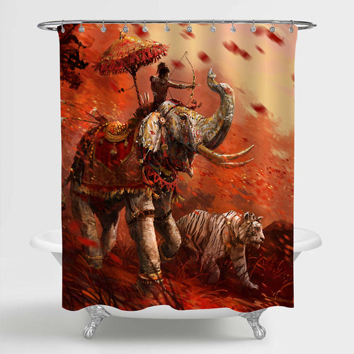 War Animals Elephant and Tiger Charge Forward with a Archer Shower Curtain - Red