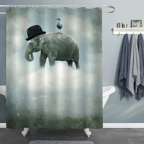 Elephant with a Hat and a Gull Flying on a Cloud Shower Curtain - Grey