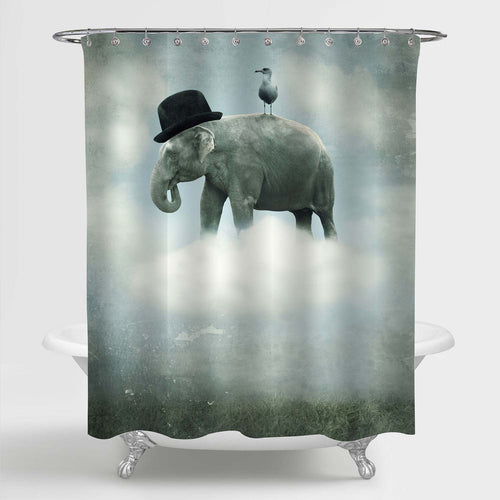 Elephant with a Hat and a Gull Flying on a Cloud Shower Curtain - Grey