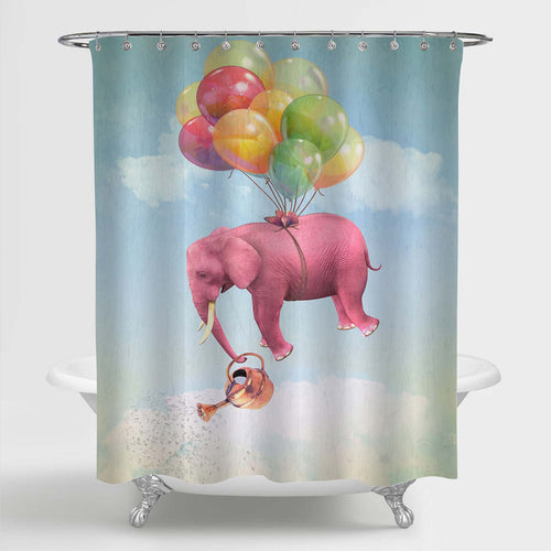 Elephant in the Cloudy Sky with a Watering Can Shower Curtain - Multicolor