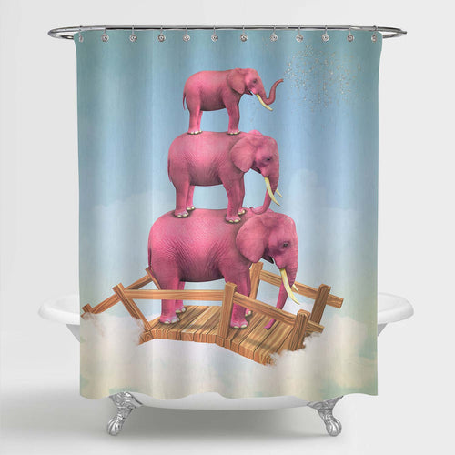Three Pink Elephants in the Sky on The Bridge Shower Curtain - Pink Blue