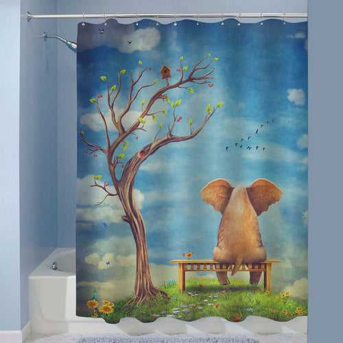 Elephant Sitting on a Bench on the Glade Shower Curtain - Blue