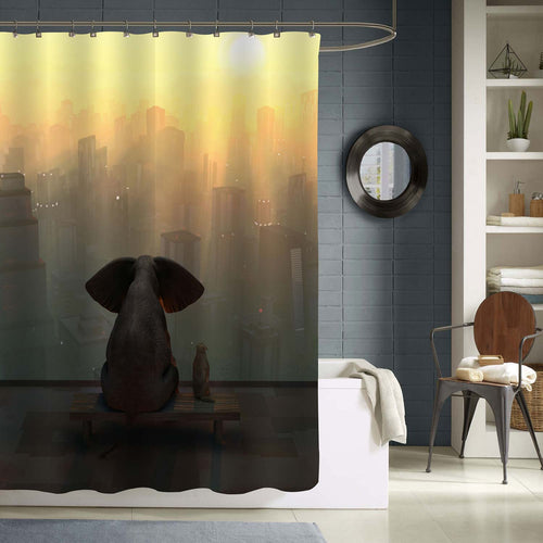 Elephant and Dog Sit on the Roof of a New York Skyscraper with Sunset Shower Curtain - Gold Grey