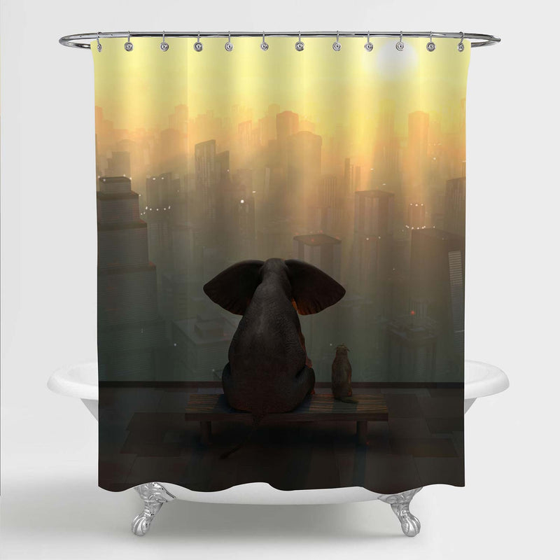 Elephant and Dog Sit on the Roof of a New York Skyscraper with Sunset Shower Curtain - Gold Grey