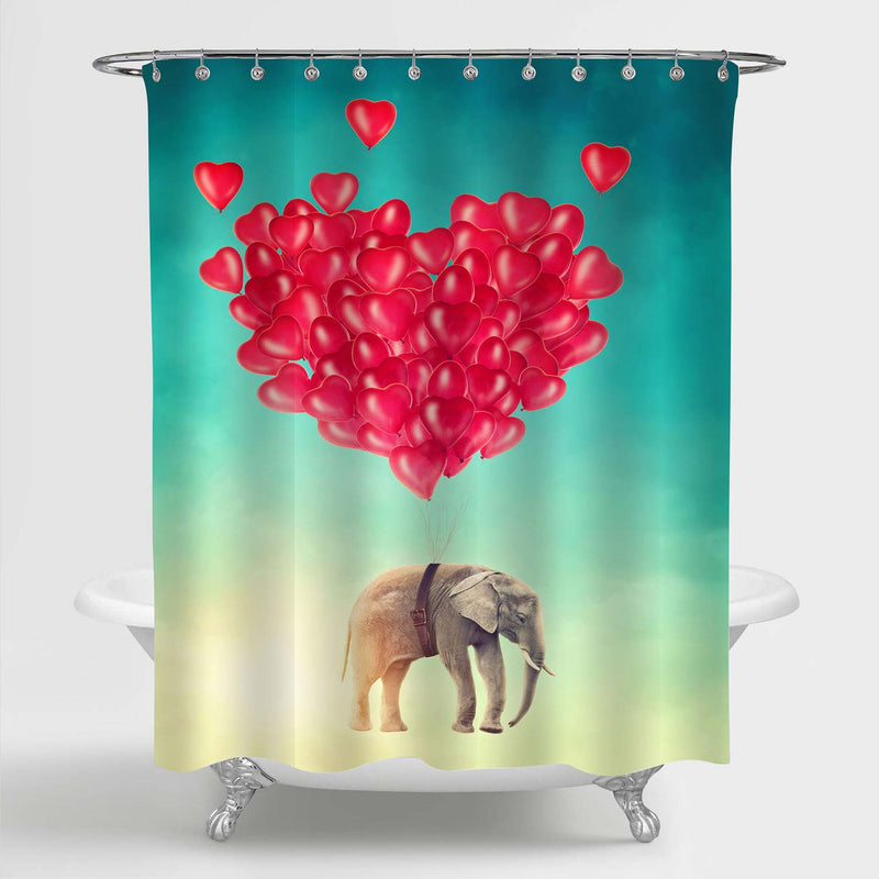 Elephant Flying with Balloons in the Sky Shower Curtain - Green Red