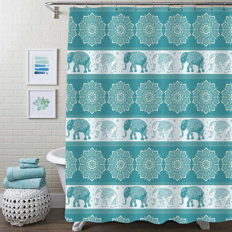 Hand Drawn Ethnic Elephants with Mandala Ornametal Shower Curtain - Green