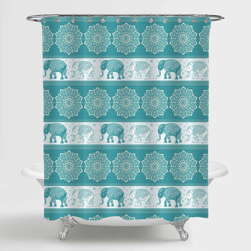 Hand Drawn Ethnic Elephants with Mandala Ornametal Shower Curtain - Green