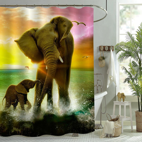 Elephant Family Playing Water in the Seaside with Sun Rise Shower Curtain - Multicolor