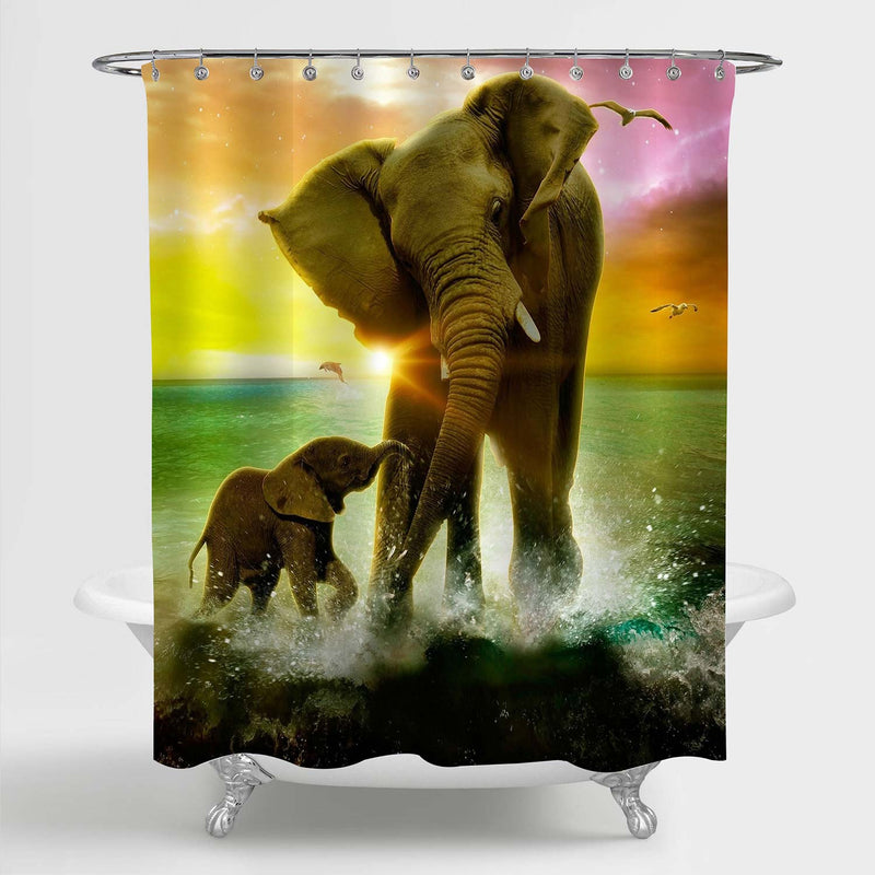 Elephant Family Playing Water in the Seaside with Sun Rise Shower Curtain - Multicolor