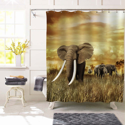 Elephants at Sunset Walking on The Grassland Shower Curtain - Gold