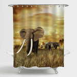Elephants at Sunset Walking on The Grassland Shower Curtain - Gold