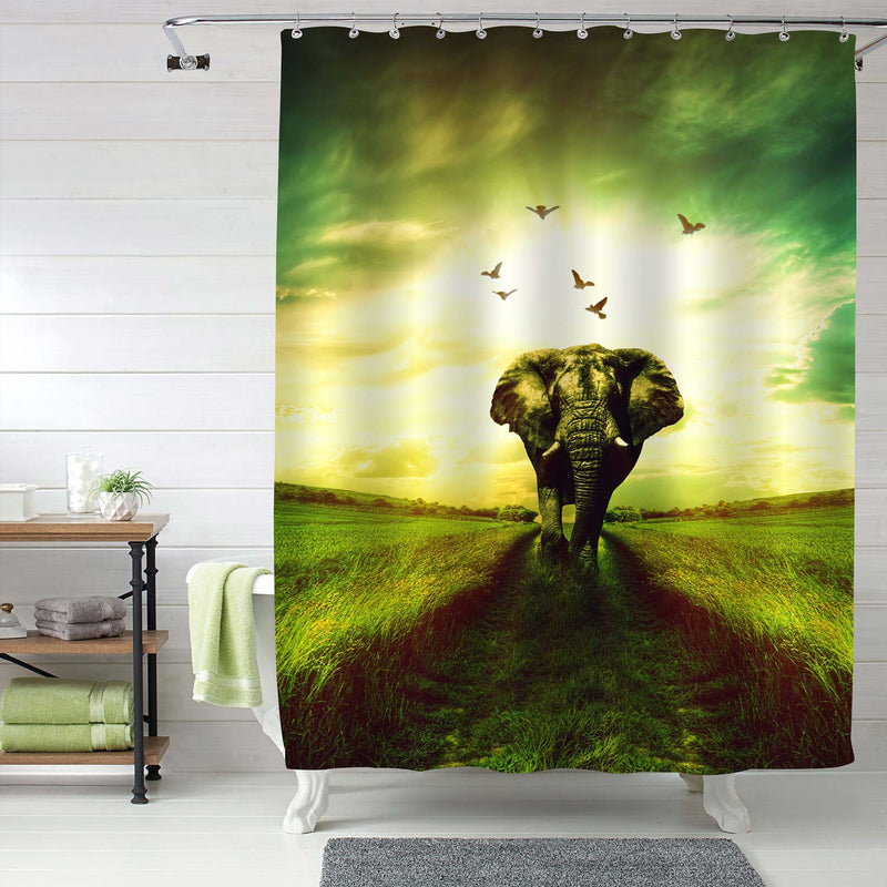 Elephant Walking in the Nature Shower Curtain - Green