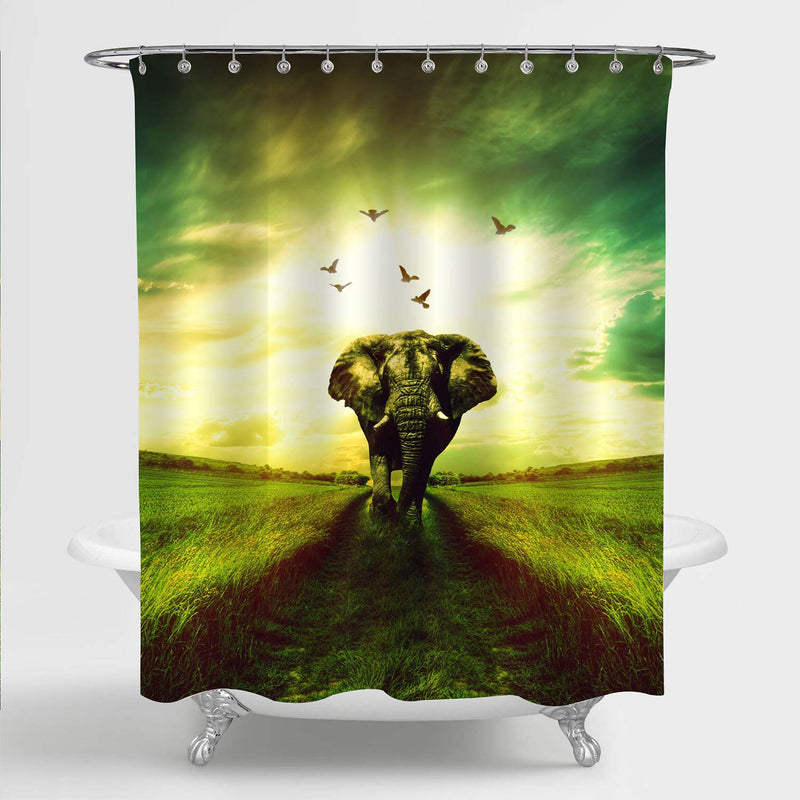 Elephant Walking in the Nature Shower Curtain - Green