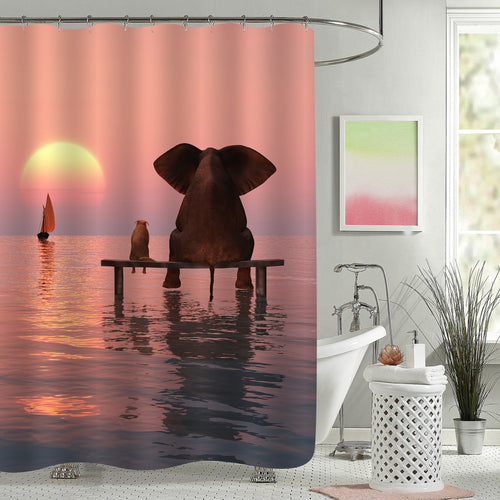 Elephant and Dog Sitting in the Middle of the Sea Watching Sunset Shower Curtain - Pink