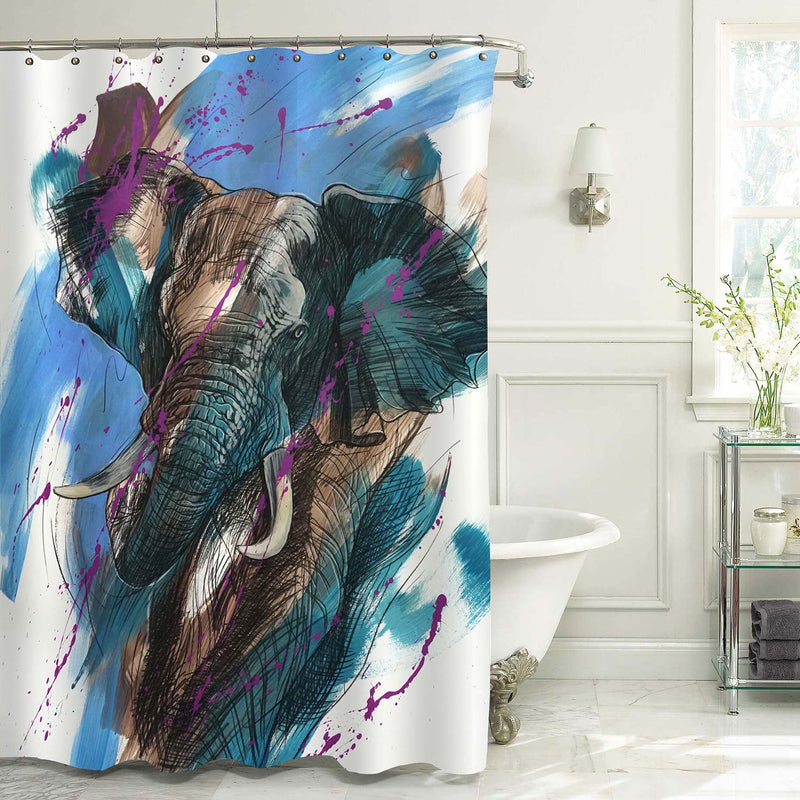 Hand Drawing Watercolor Elephant Running Shower Curtain - Grey Blue