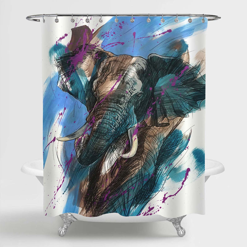 Hand Drawing Watercolor Elephant Running Shower Curtain - Grey Blue