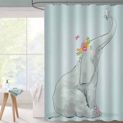 Cute Cartoon Elephant with Little White Mouse Shower Curtain, Kid's Bathroom Decorations Sets in Green Artwork, 50 x 78 inches