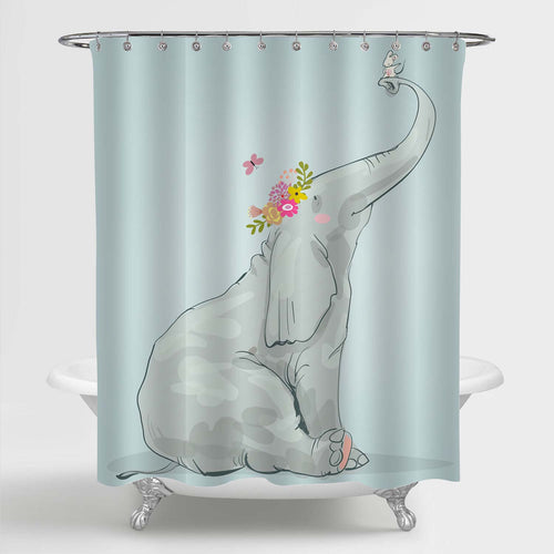 Cute Cartoon Elephant with Little White Mouse Shower Curtain, Kid's Bathroom Decorations Sets in Green Artwork, 36 x 72 inches