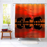 Silhouette Elephant Family at Blurry Sunset Shower Curtain - Red Black