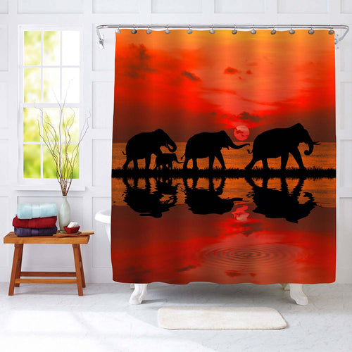 Silhouette Elephant Family at Blurry Sunset Shower Curtain - Red Black