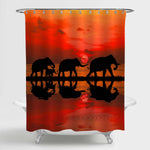 Silhouette Elephant Family at Blurry Sunset Shower Curtain - Red Black