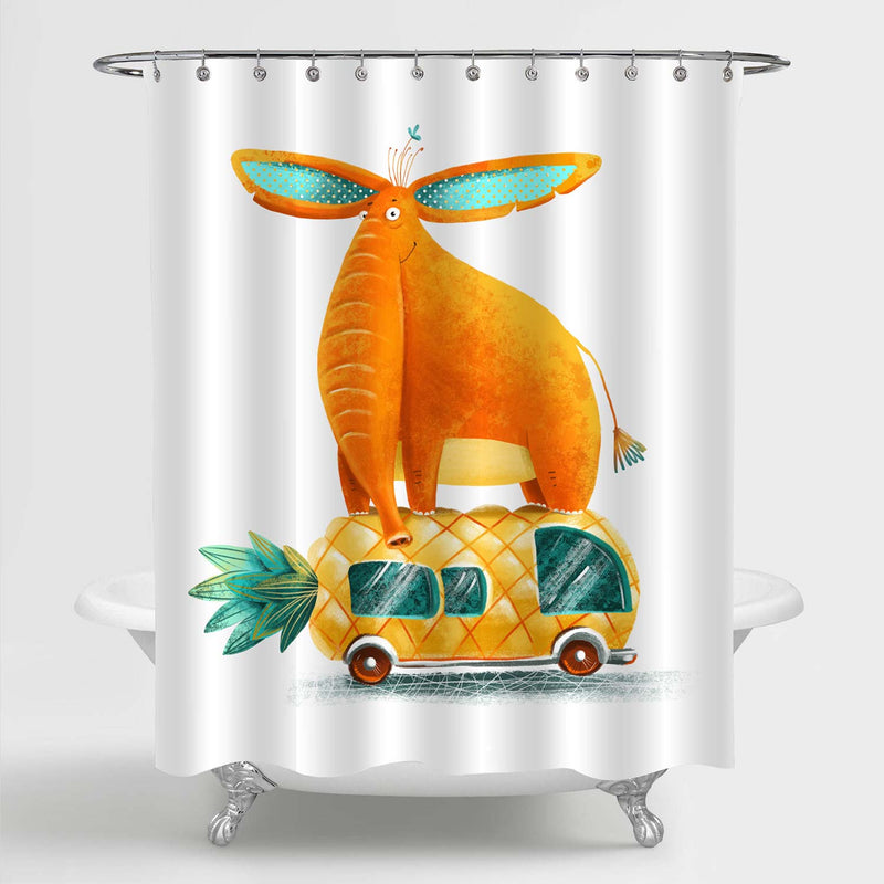 Big Orange Elephant Riding a Pineapple Bus in a Fun Trip Shower Curtain