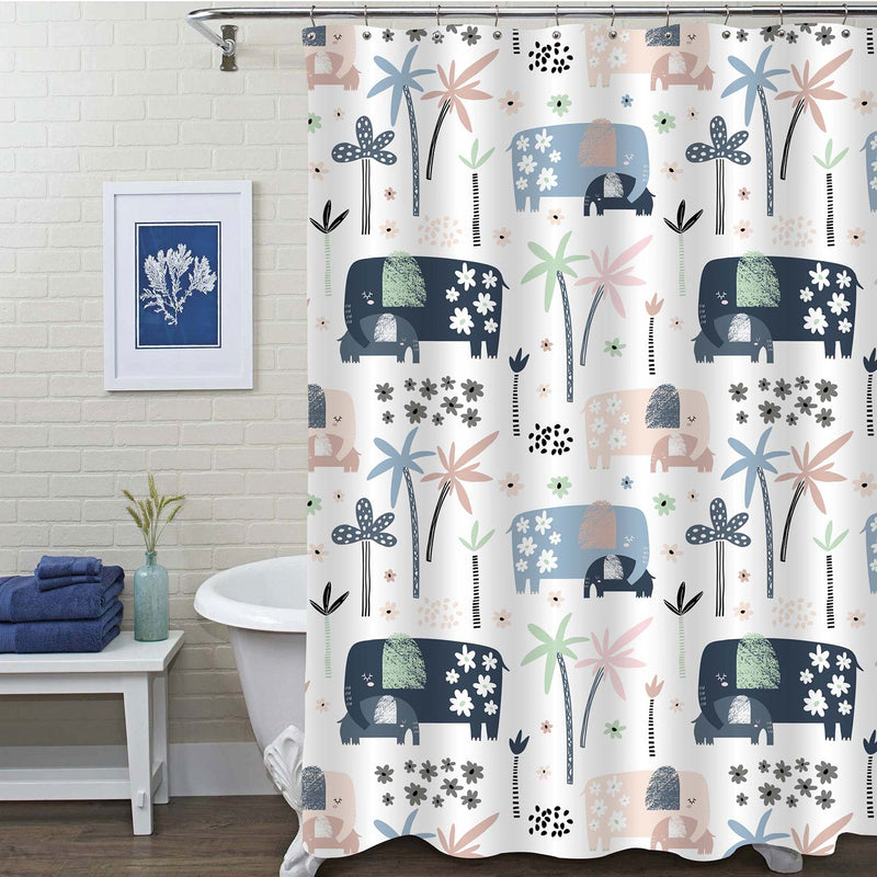 Mom and Baby Elephant with Palm Trees and Flowers Shower Curtain - Multicolor