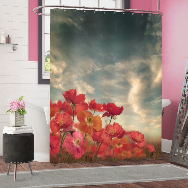 Poppy Flowers on the Green Grass Field in Sunny Day Shower Curtain - Red Grey