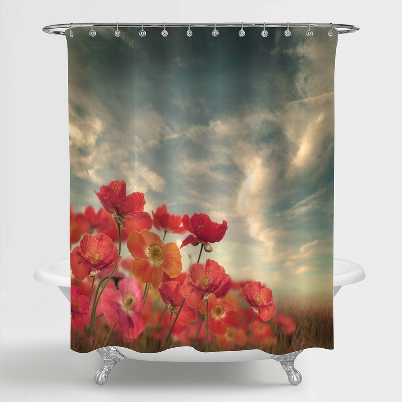 Poppy Flowers on the Green Grass Field in Sunny Day Shower Curtain - Red Grey