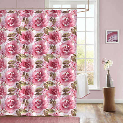 Hand Painted Rose Flowers and Leaves Shower Curtain - Pink