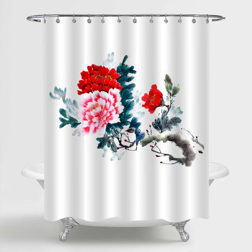 Traditional Ancient Chinese Hand Drawn Painted Peony Flowers Shower Curtain - Multicolor