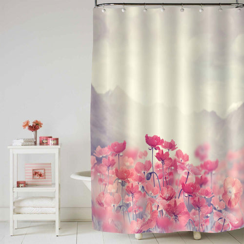 Vintage Cosmos Poppy Flowers Shower Curtain - Red Grey