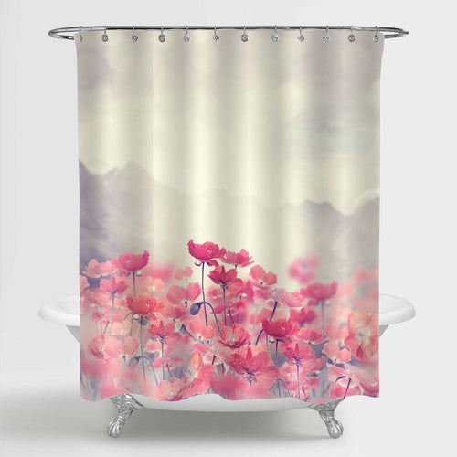 Vintage Cosmos Poppy Flowers Shower Curtain - Red Grey