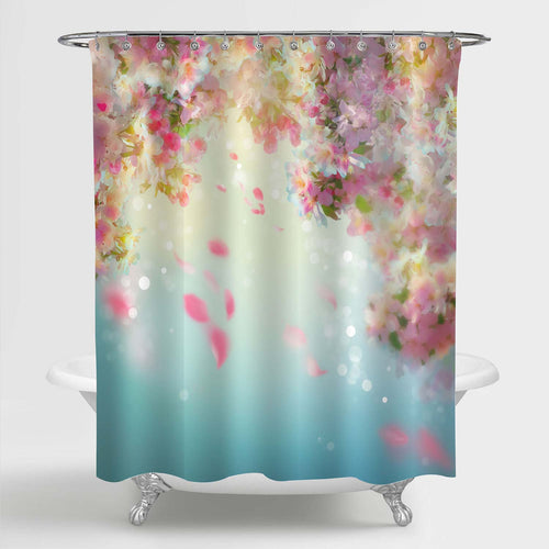 Cherry Floral Petals Flying Downwind on Wind Shower Curtain - Pink Blue