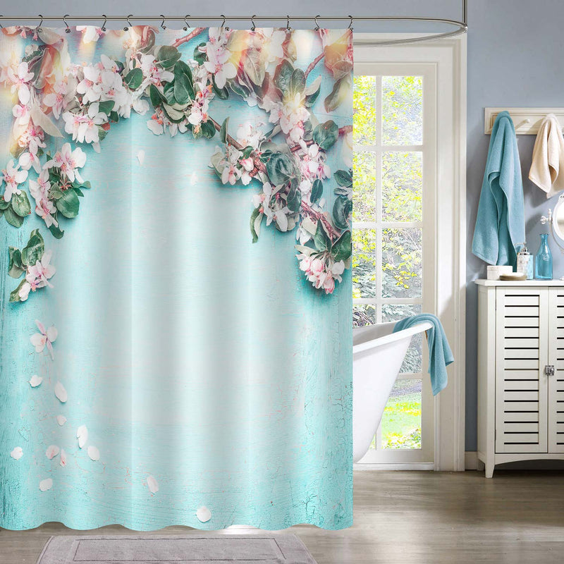 Beautiful Spring Floral Art Deco for Bathroom, Lovely Blossom, Petal and Bokeh on Turquoise Blue Nature Background Shower Curtain, Novelty Gifts for Women, 72 x 78 inches