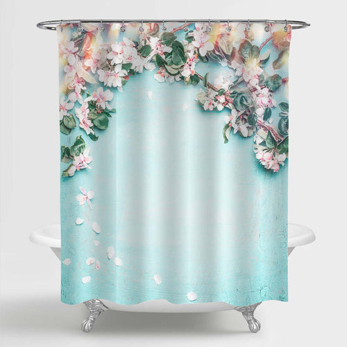 Beautiful Spring Floral Art Deco for Bathroom, Lovely Blossom, Petal and Bokeh on Turquoise Blue Nature Background Shower Curtain, Novelty Gifts for Women, 72 x 72 inches