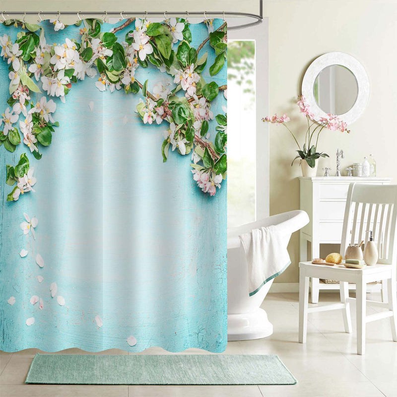 Turquoise Blue Wall Background with White Flower Blossom Shower Curtain