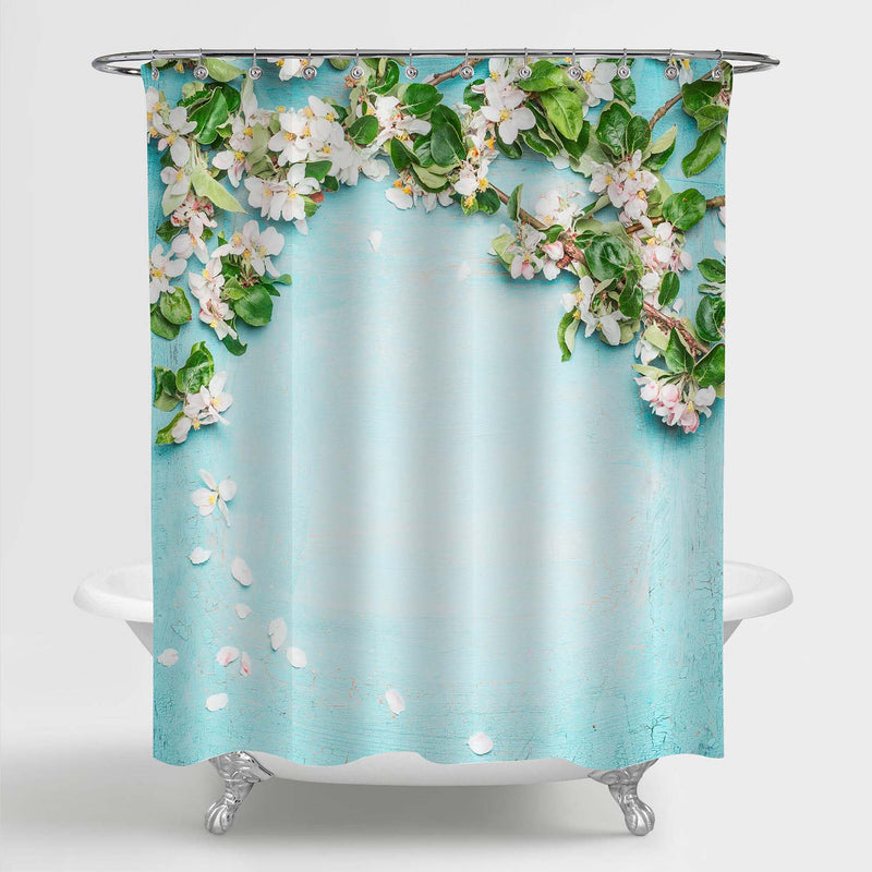 Turquoise Blue Wall Background with White Flower Blossom Shower Curtain