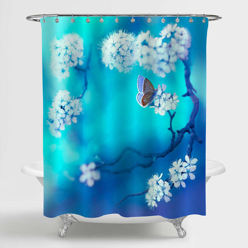 Spring Floral Cherry Branch and Butterfly Shower Curtain - Blue White