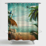 Straw Parasol and Beach Chair with Cloudscape and Calm Sea Shower Curtain - Green Sand