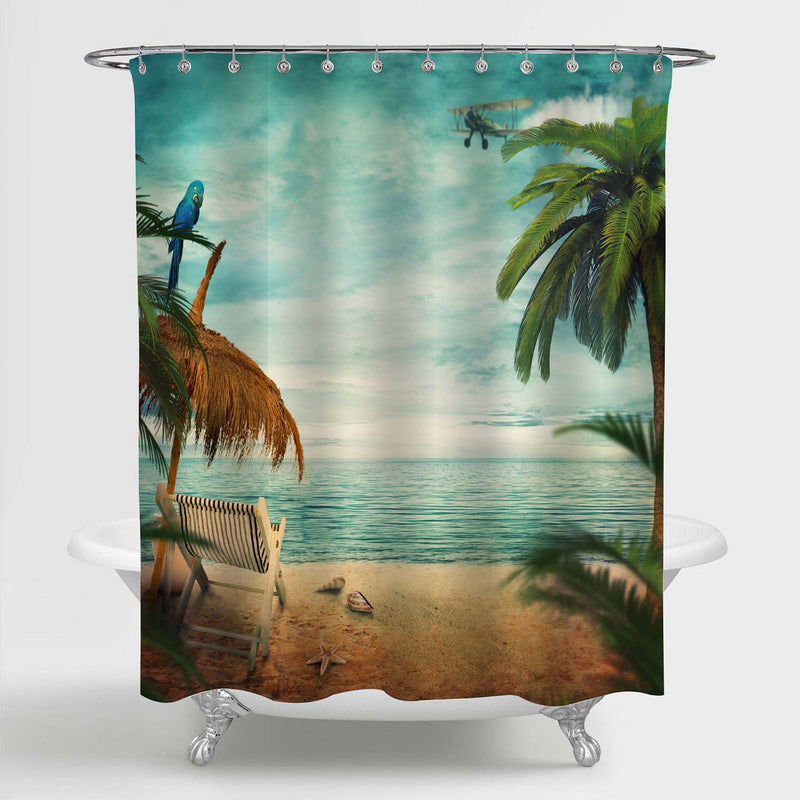Straw Parasol and Beach Chair with Cloudscape and Calm Sea Shower Curtain - Green Sand