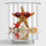 Sea Star with Glasses and Tropical Sea Shells Over the Waves Shower Curtain - Yellow