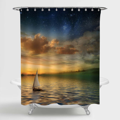 Lonely Sailboat in the Ocean with Sunset Shower Curtain - Gold Blue