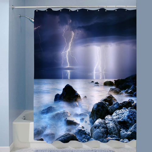 Summer Thunderstorm Beginning with Lightning in the Sea at Night Shower Curtain - Blue